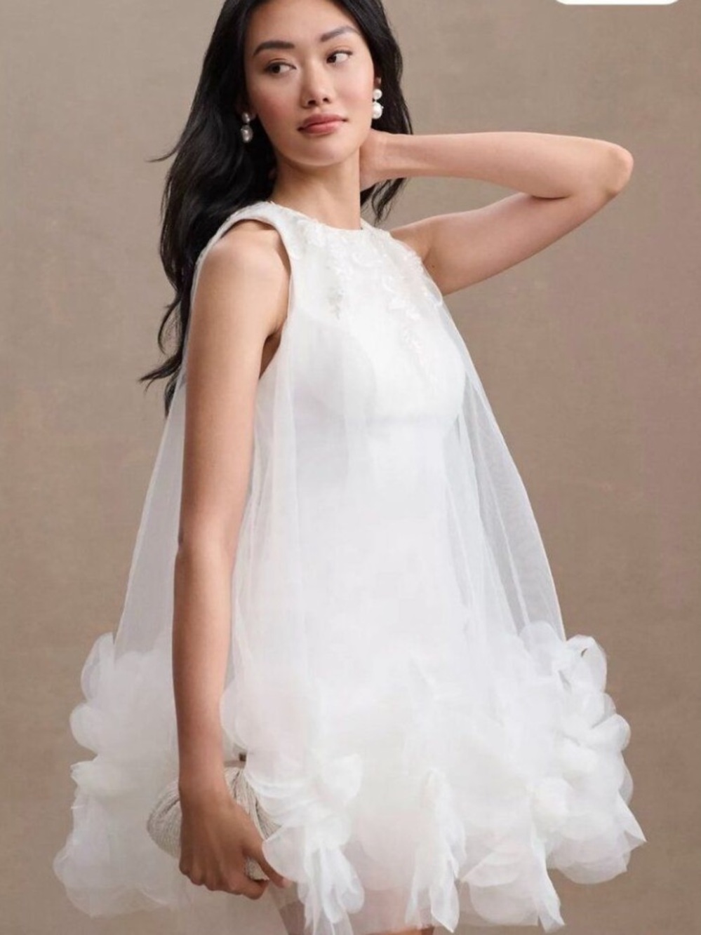 Mac Duggal White Tulle Mini Bridal Dress with Rosette Hem